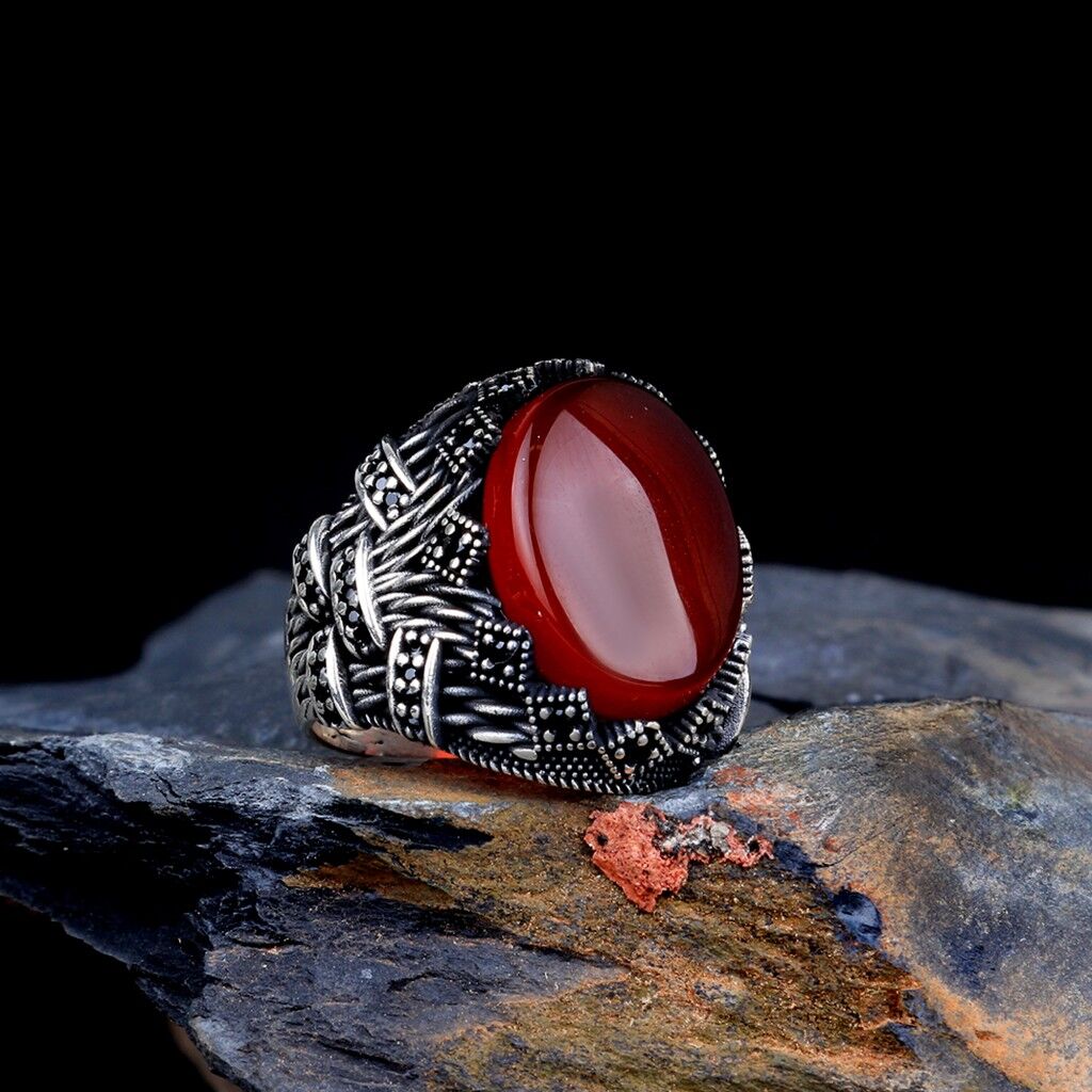 Akik Taşlı Oval Model 925 Ayar Gümüş Erkek Yüzük