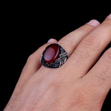 Akik Taşlı Oval Model 925 Ayar Gümüş Erkek Yüzük