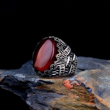 Akik Taşlı Oval Model 925 Ayar Gümüş Erkek Yüzük