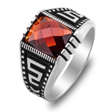 Kırmızı Zirkon Taşlı Çizgi Motifli 925 Ayar Gümüş Yüzük