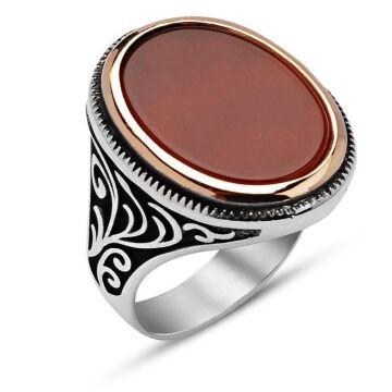 925 Ayar Gümüş Düz Akik Taşlı Oval Model Yüzük