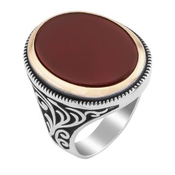 925 Ayar Gümüş Düz Akik Taşlı Oval Model Yüzük