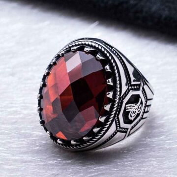 925 Ayar Gümüş Kırmızı Zirkon Taşlı Osmanlı Tuğrası  Detaylı Yüzük