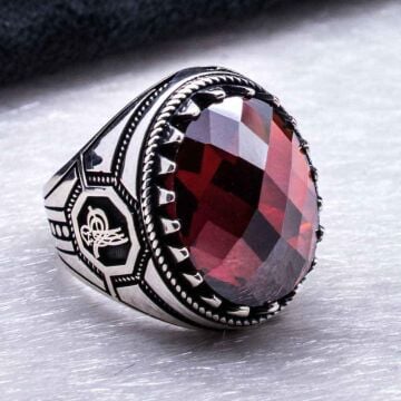 925 Ayar Gümüş Kırmızı Zirkon Taşlı Osmanlı Tuğrası  Detaylı Yüzük