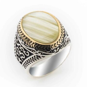 925 Ayar Gümüş Sade Sedef Taşlı Erkek Yüzük