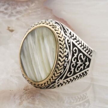925 Ayar Gümüş Sade Sedef Taşlı Erkek Yüzük