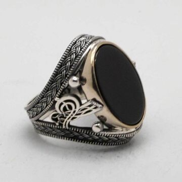 925 Ayar Gümüş Osmanlı Tuğralı Oniks Taşlı Erkek Yüzük