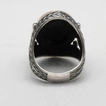 925 Ayar Gümüş Osmanlı Tuğralı Oniks Taşlı Erkek Yüzük
