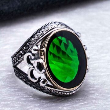 925 Yeşil Zirkon Taşlı Üç Hilal Detaylı  Yüzük