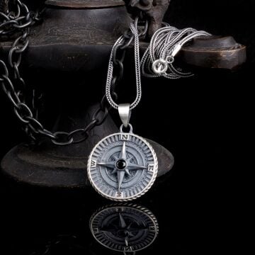 925 Ayar Gümüş Yön Pusulası Model Zirkon Taşlı Kolye