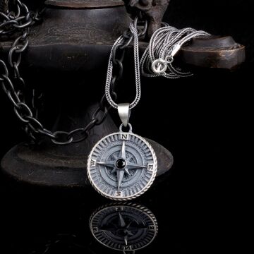 925 Ayar Gümüş Yön Pusulası Model Zirkon Taşlı Kolye