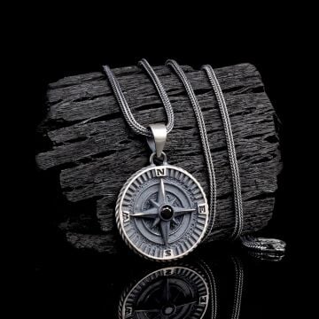 925 Ayar Gümüş Yön Pusulası Model Zirkon Taşlı Kolye