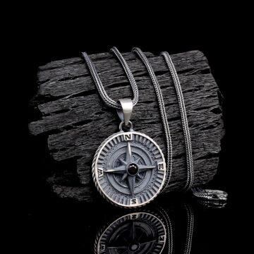 925 Ayar Gümüş Yön Pusulası Model Zirkon Taşlı Kolye