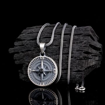 925 Ayar Gümüş Yön Pusulası Model Zirkon Taşlı Kolye