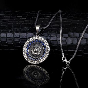 Aslan Motifli Mavi Zirkon Taşlı 925 Ayar Gümüş Kolye