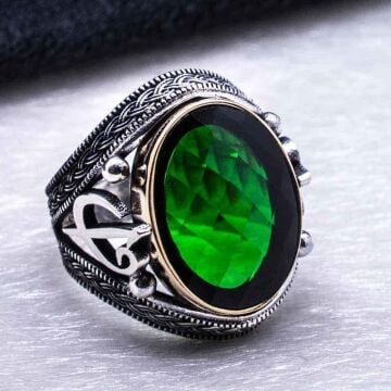 925 Ayar Gümüş Yeşil Zirkon Taşlı Elif Vav  Detaylı Yüzük