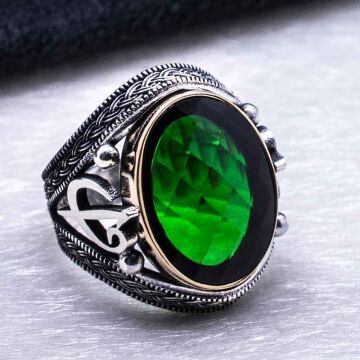 925 Ayar Gümüş Yeşil Zirkon Taşlı Elif Vav  Detaylı Yüzük