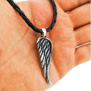 Özel Kartal Kanadı Tasarımlı Deri İpli  925 Ayar Gümüş Kolye 60 CM