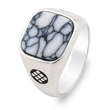 Beyaz Firuze Taşlı Kare Sade Model Gümüş Erkek Yüzük