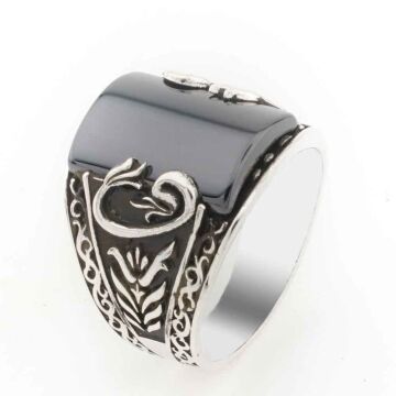 925 Ayar Gümüş Siyah Zirkon  Taşlı Vav Detaylı Erkek  Yüzük