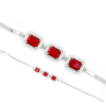 Pırlanta Tasarımlı Kırmızı Baget Taşlı 925 Ayar Gümüş Bileklik
