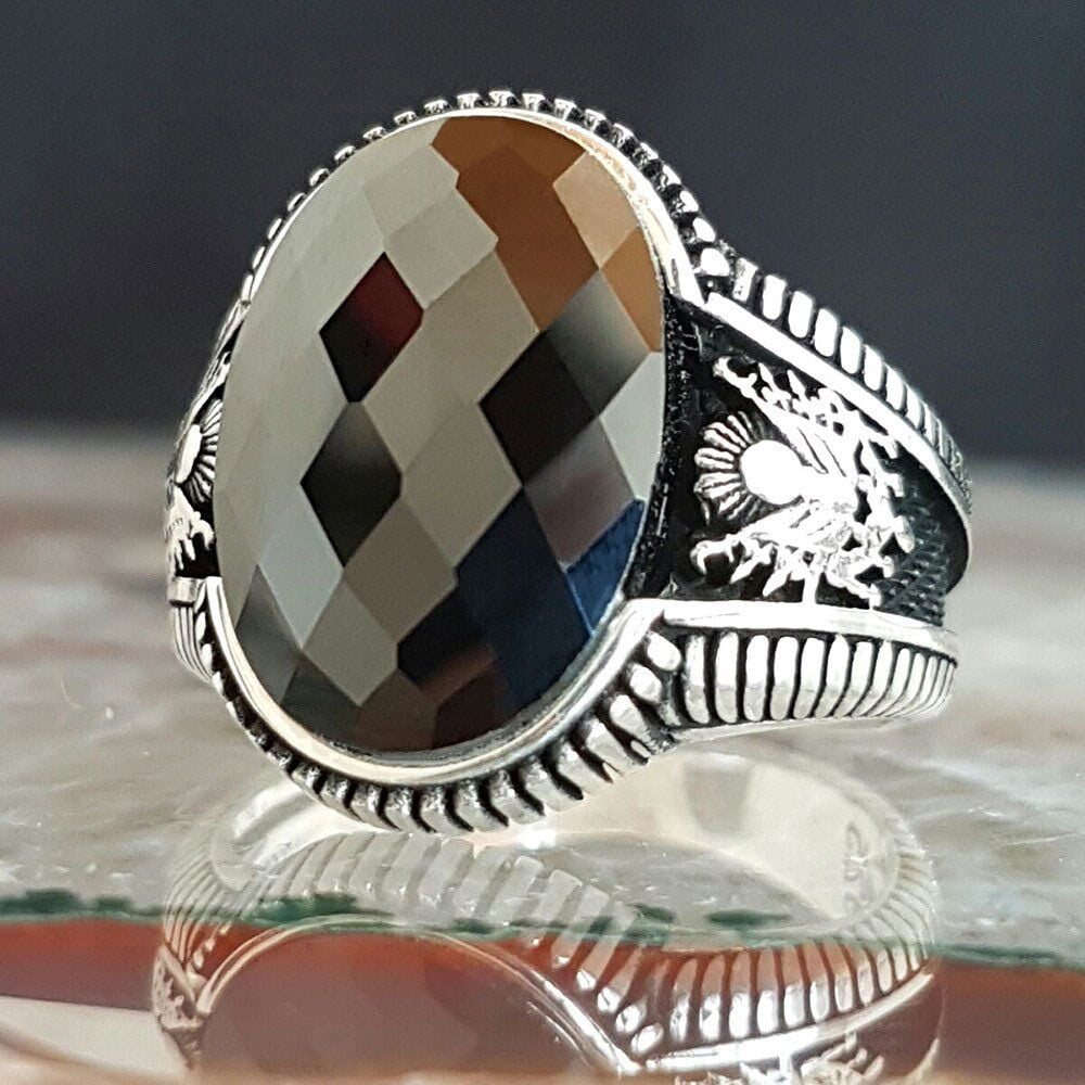 925 Ayar Gümüş Osmanlı Devlet Armalı Zirkon Taşlı Yüzük