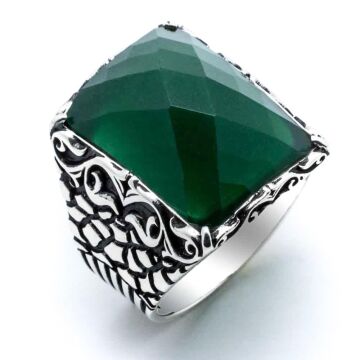 925 Ayar Gümüş Yeşil Zirkon Taşlı Erkek  Yüzük