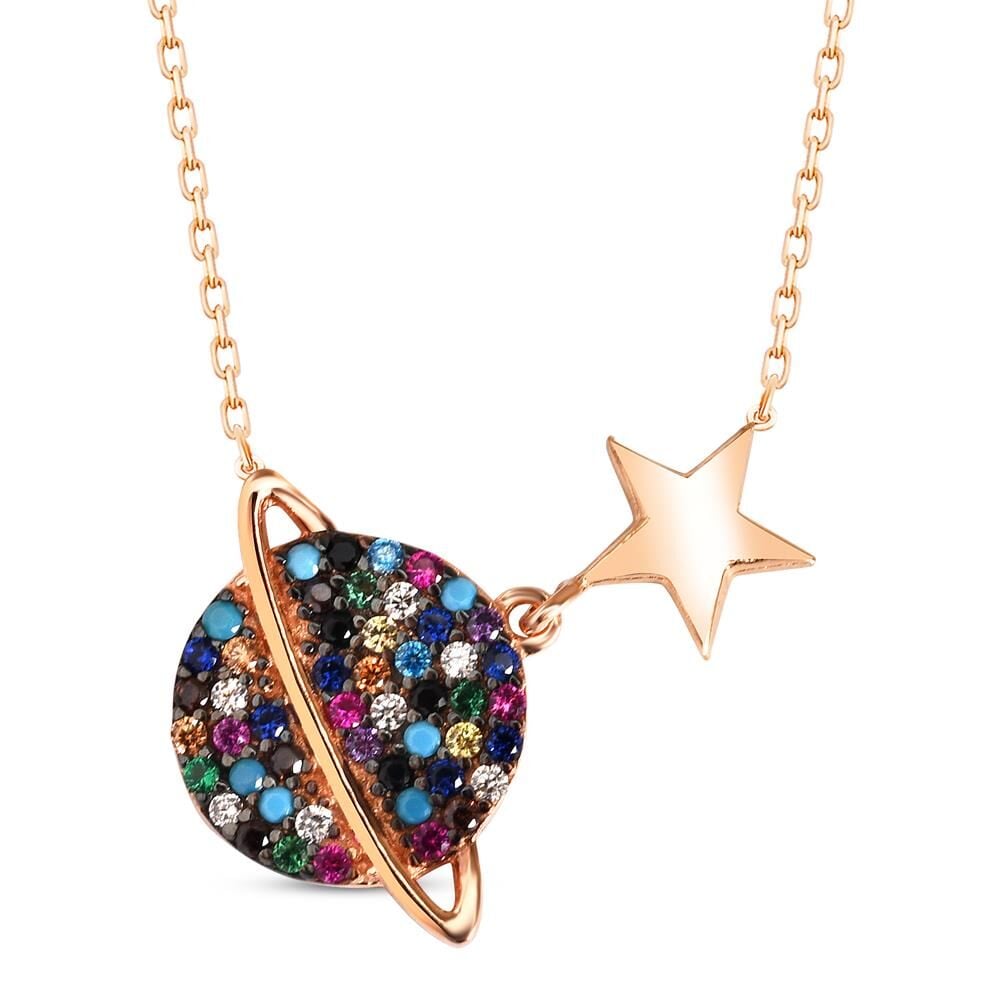 Galaksi Gezegen Tasarımlı Renkli Nano Taşlı Gümüş Kolye