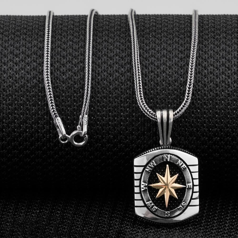 Özel Pusula Tasarımlı 925 Ayar Gümüş Kolye 60 CM Kalın Zincirli