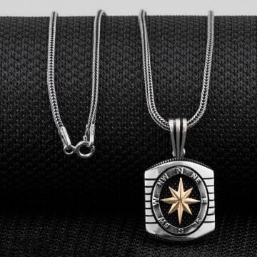 Özel Pusula Tasarımlı 925 Ayar Gümüş Kolye 60 CM Kalın Zincirli