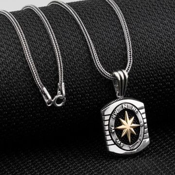 Özel Pusula Tasarımlı 925 Ayar Gümüş Kolye 60 CM Kalın Zincirli