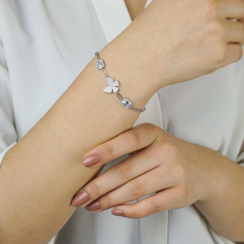 Şık Kelebek Tasarımlı Baget Taşlı 925 Ayar Gümüş Bileklik