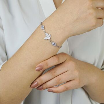 Şık Kelebek Tasarımlı Baget Taşlı 925 Ayar Gümüş Bileklik