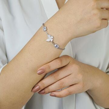 Şık Kelebek Tasarımlı Baget Taşlı 925 Ayar Gümüş Bileklik