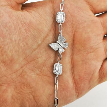 Şık Kelebek Tasarımlı Baget Taşlı 925 Ayar Gümüş Bileklik