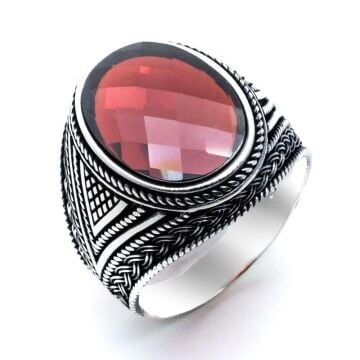 Muhteşem Tasarım Örgü Desenli Kırmızı Zirkon Taşlı  Gümüş Yüzük