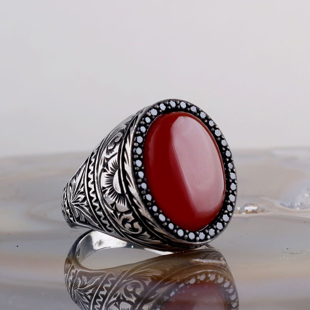 925 Ayar Gümüş Akik Taşlı Desen Motifli Erkek Yüzük