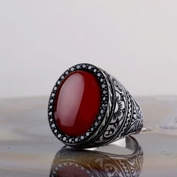 925 Ayar Gümüş Akik Taşlı Desen Motifli Erkek Yüzük