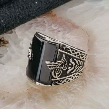 Siyah  Zirkon Taşlı Osmanlı Tuğralı Gümüş Erkek Yüzük