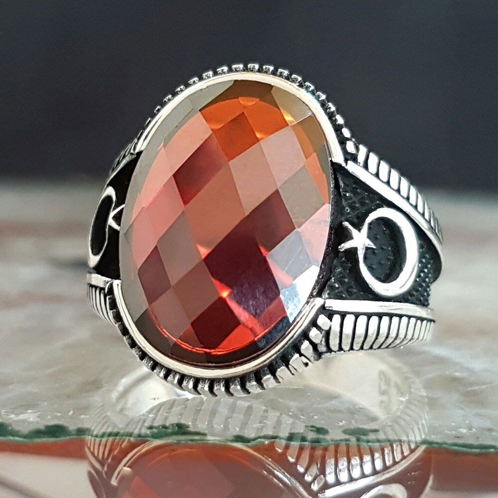 925 Ayar Gümüş Zirkon Taşlı Ay Yıldız Detaylı Erkek Yüzük