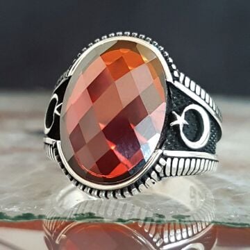 925 Ayar Gümüş Zirkon Taşlı Ay Yıldız Detaylı Erkek Yüzük