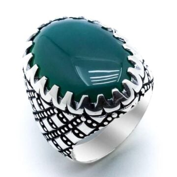 Oval Yeşil Akik Taşlı Kare Gümüş Yüzük