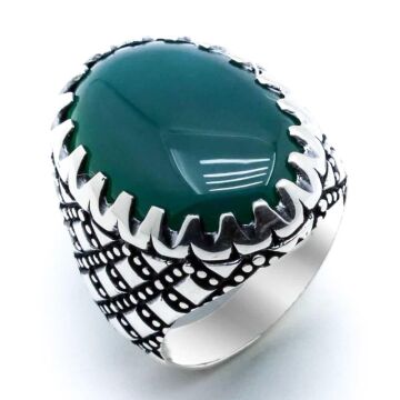 Oval Yeşil Akik Taşlı Kare Gümüş Yüzük