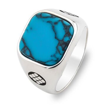 Mavi Turkuaz Taşlı Kare Tasarımlı 925 Ayar Gümüş Erkek Yüzük