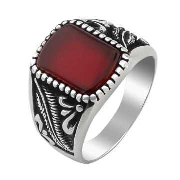 Bordo Akik Taşlı Kuş Tüyü Detaylı 925 Ayar Gümüş Yüzük