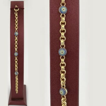 Şık Tasarımlı Altın Kaplama 3 Nazarlı 925 Ayar Gümüş Bileklik