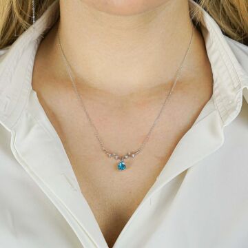 Yaprak Dalı Tasarımlı Mavi Damla Taşlı 925 Ayar Gümüş Kolye