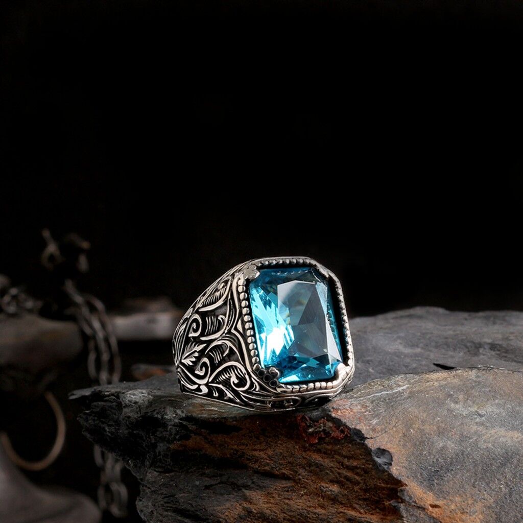 925 Ayar Gümüş Aqua Renk Zirkon Taşlı Model Yüzük