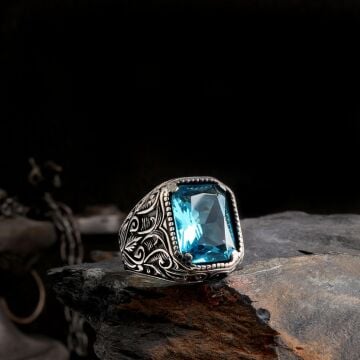 925 Ayar Gümüş Aqua Renk Zirkon Taşlı Model Yüzük