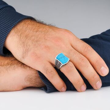 Mavi Turkuaz Taşlı Desenli 925 Ayar Gümüş Erkek Yüzük